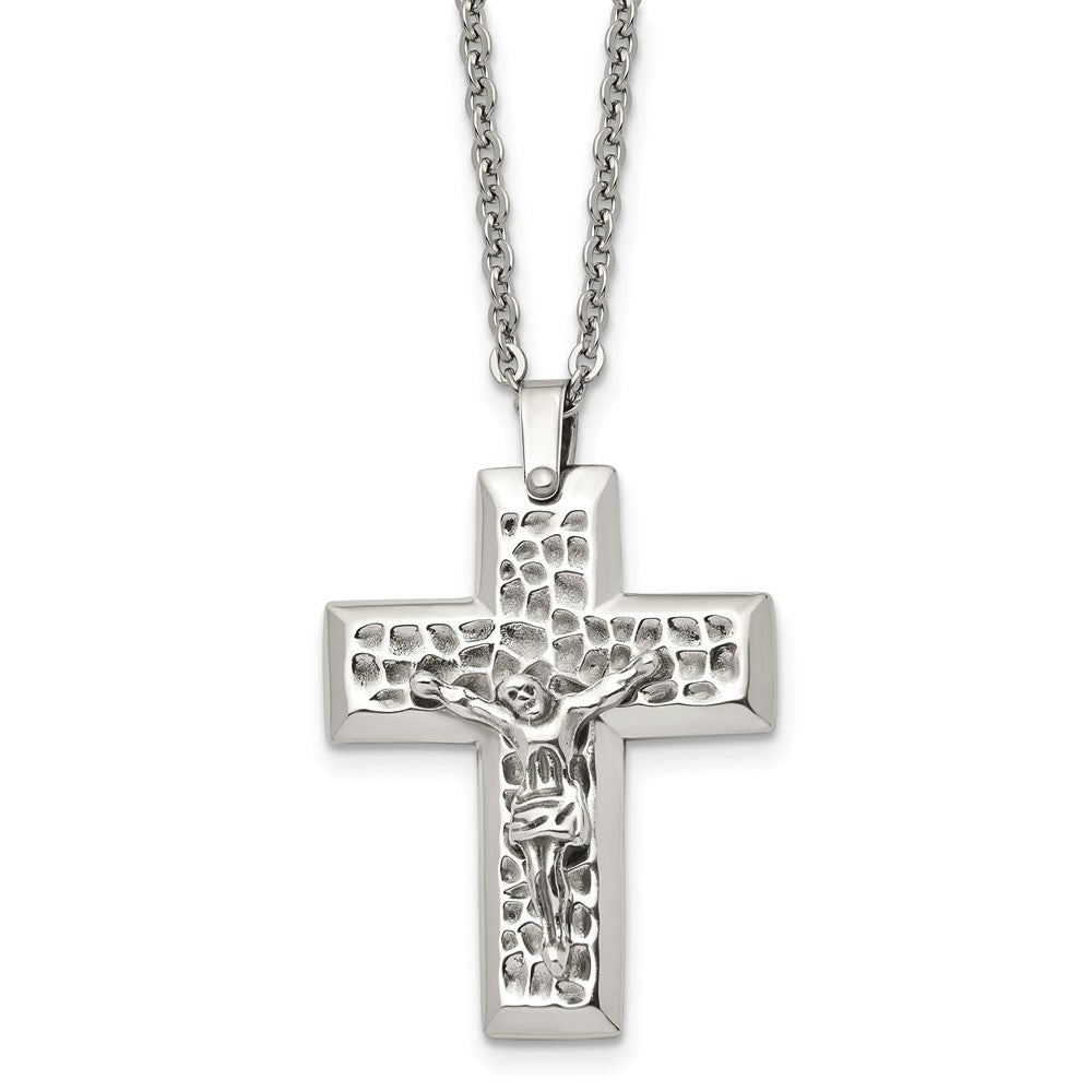 Chisel Stainless Steel Polished and Textured Crucifix Pendant on a 20 inch Cable Chain Necklace, 20 x 28 mm