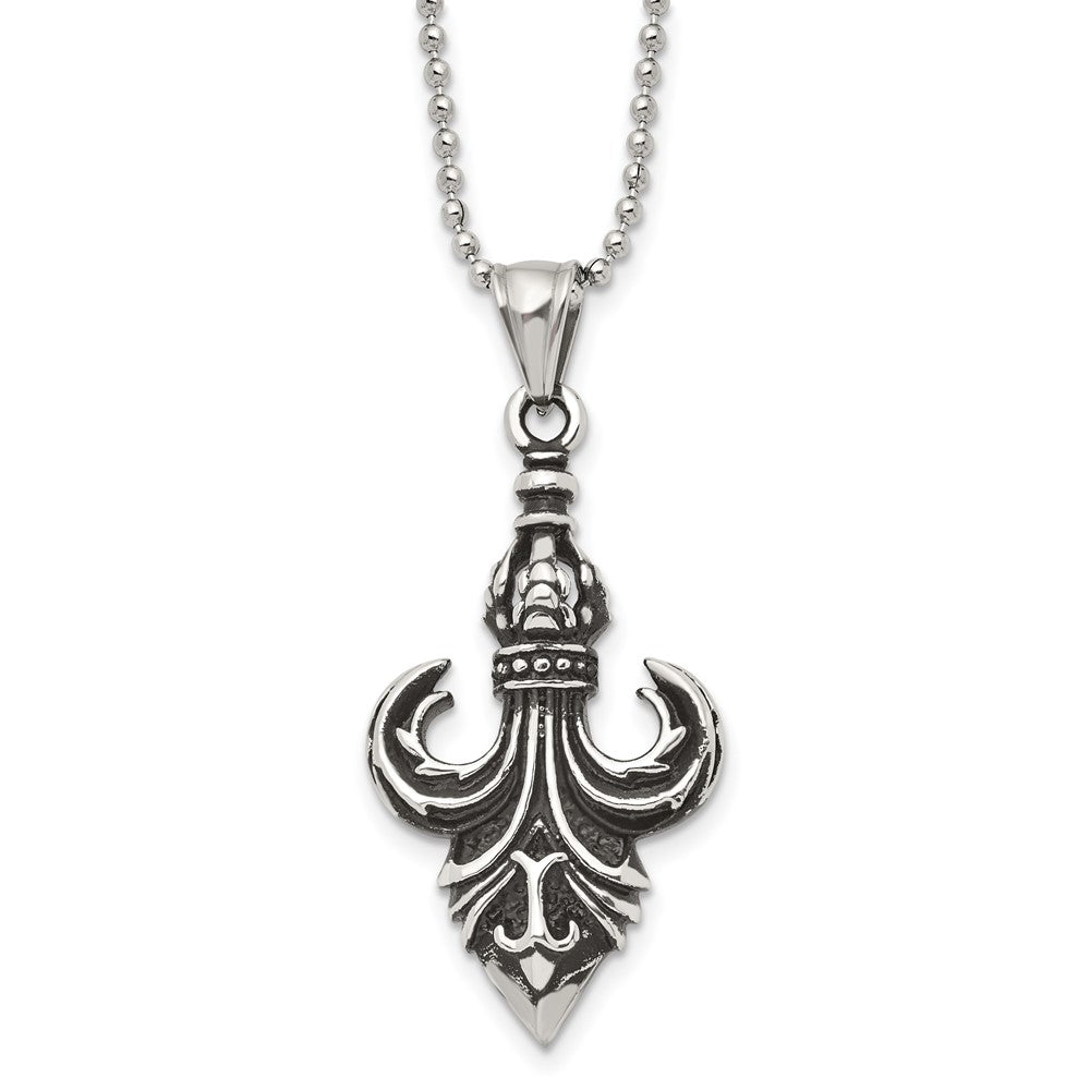 Stainless Steel Antiqued and Polished Fleur de lis 24in Necklace, 24 mm, 8.64 g