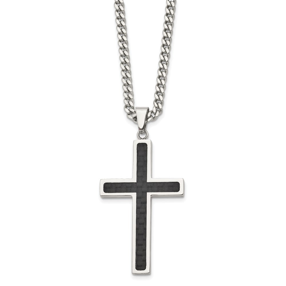 Chisel Stainless Steel Polished with Black Carbon Fiber Inlay Cross Pendant on a 24 inch Curb Chain Necklace, 24 x 32 mm
