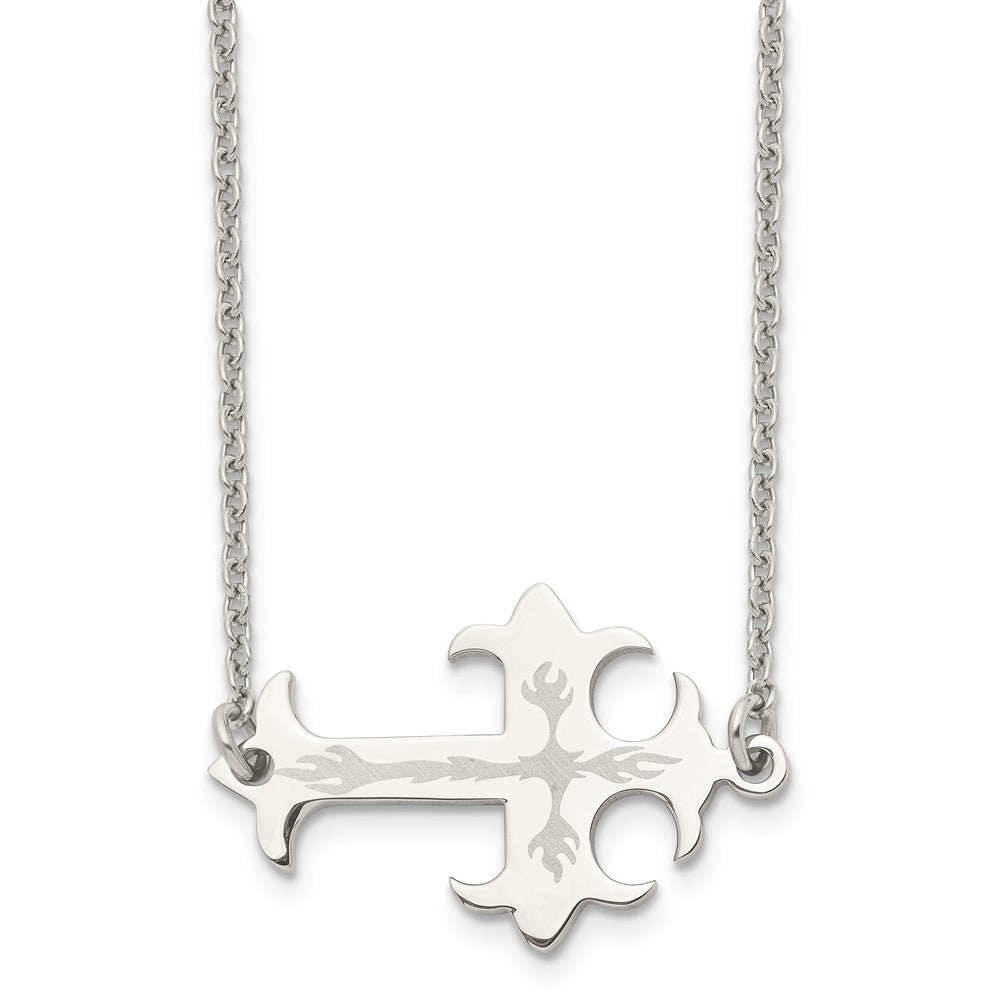 Chisel Stainless Steel Brushed and Polished Flame Design Sideways Cross on a 21 inch Cable Chain Necklace, 21 x 35 mm