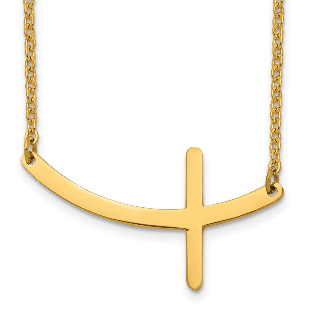 Chisel Stainless Steel Polished Yellow IP-plated Curved Sideways Cross on an 18 inch Cable Chain Necklace, 18 x 38 mm