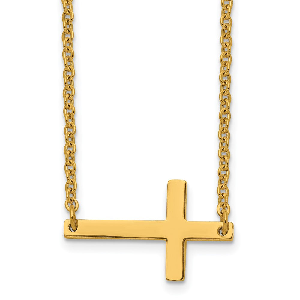 Chisel Stainless Steel Polished Yellow IP-plated Sideways Cross on an 18 inch Cable Chain Necklace, 18 x 25 mm