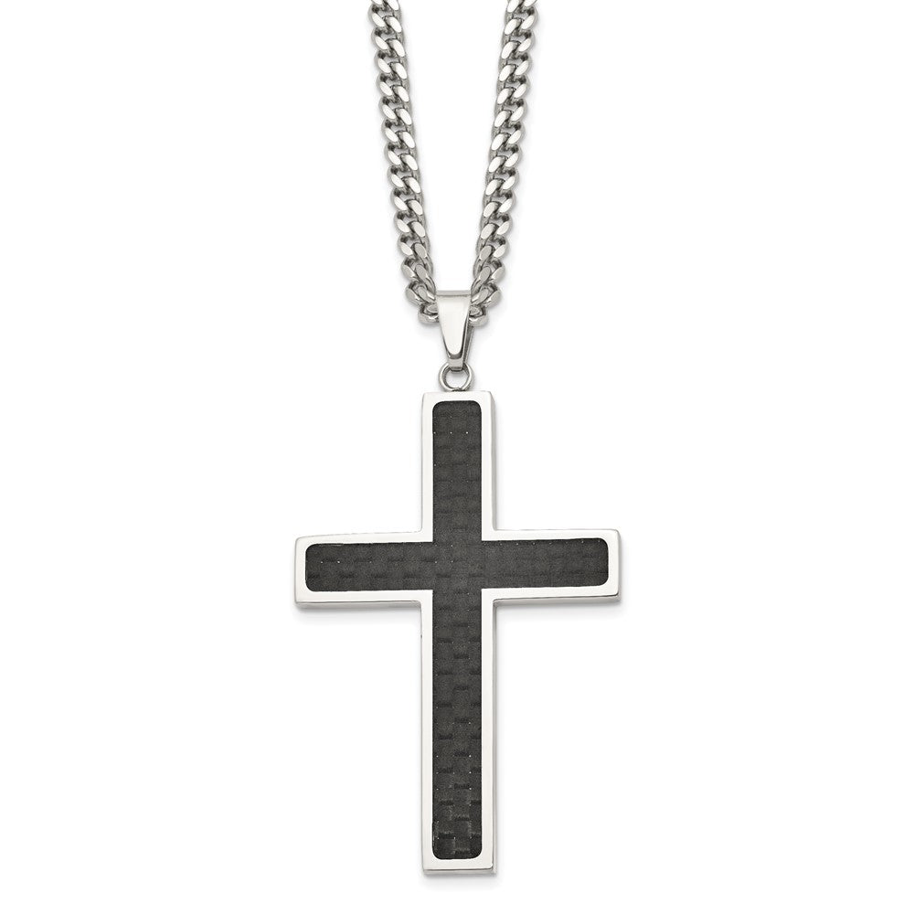 Chisel Stainless Steel Polished with Black Carbon Fiber Inlay Cross Pendant on a 24 inch Curb Chain Necklace, 24 x 39 mm