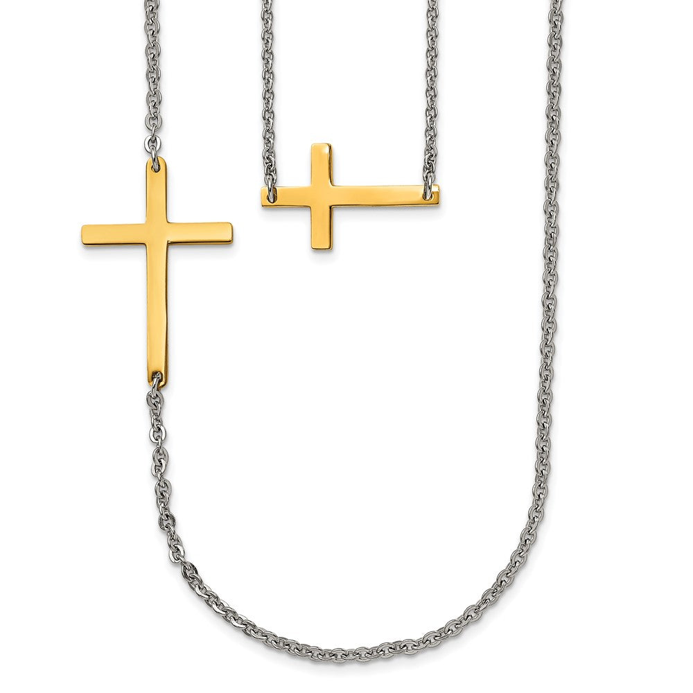 Stainless Steel Double Sideways Cross Layered 18in Necklace, 18 mm