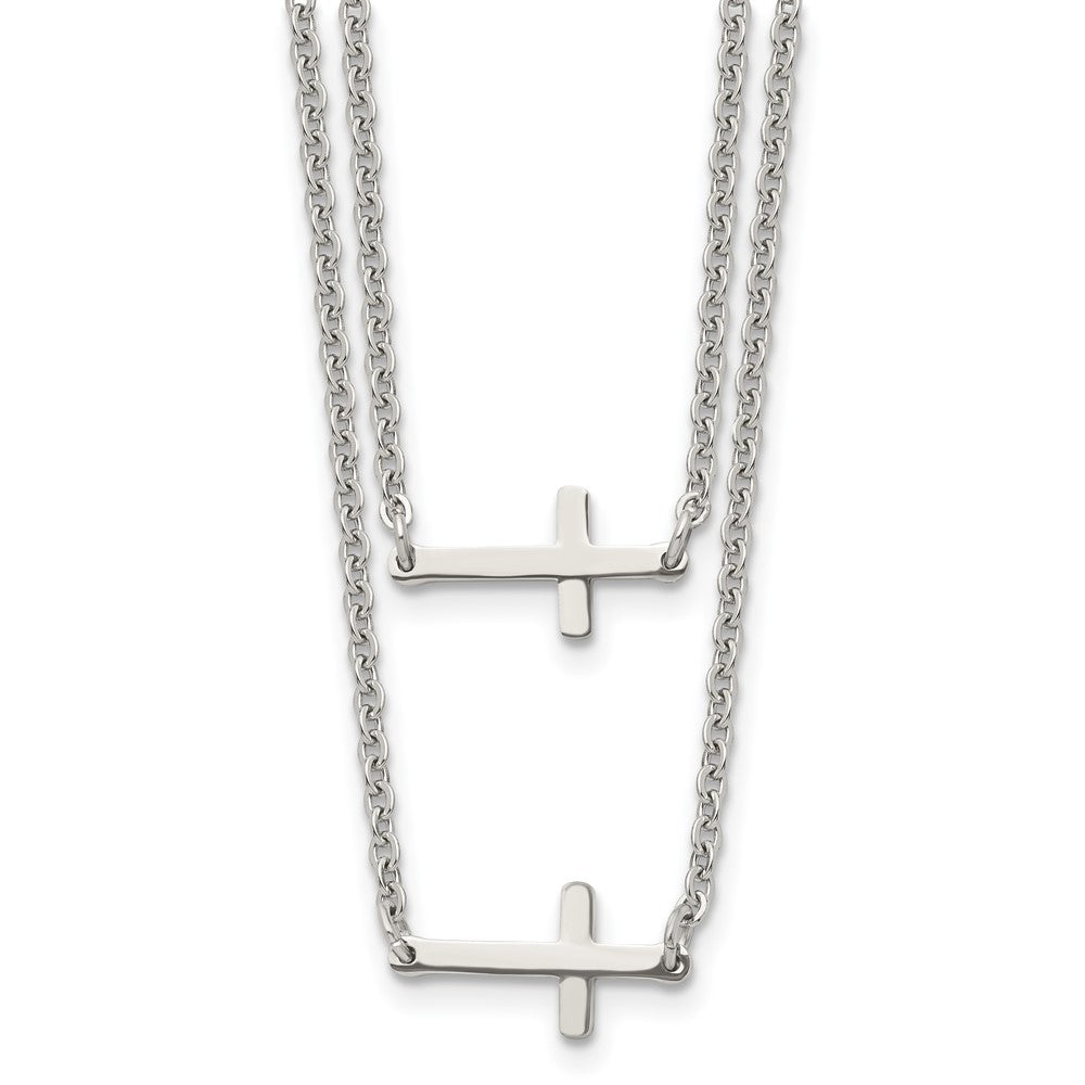 Chisel Stainless Steel Polished Double Sideways Crosses on Layered 16.5 inch Cable Chain Necklace, 16.5 x 15 mm