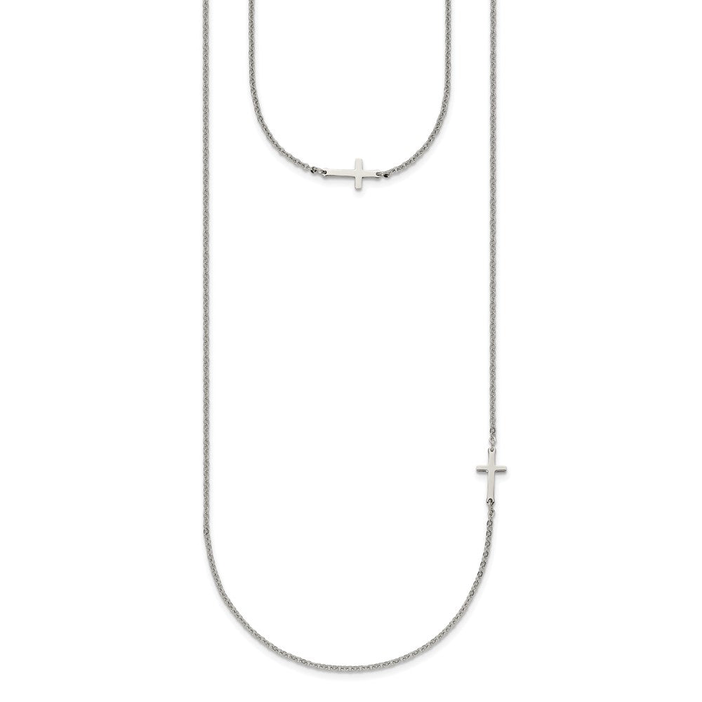Chisel Stainless Steel Polished Layered Sideways Cross on an 18 inch Cable Chain Necklace, 18 x 14 mm