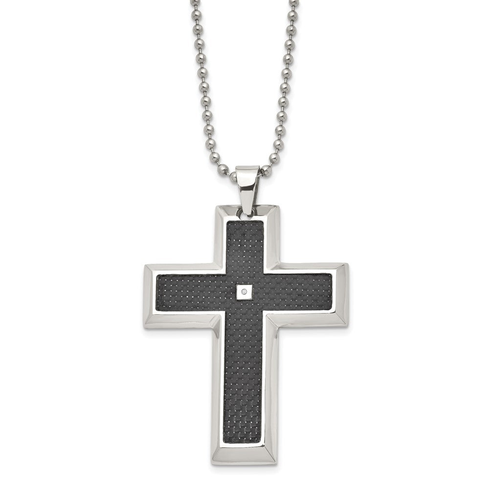 Chisel Stainless Steel Polished with Black Carbon Fiber Inlay .0.1 Carat Diamond Cross Pendant on a 24 inch Ball Chain Necklace, 0.01 ct, 24 x 42 mm