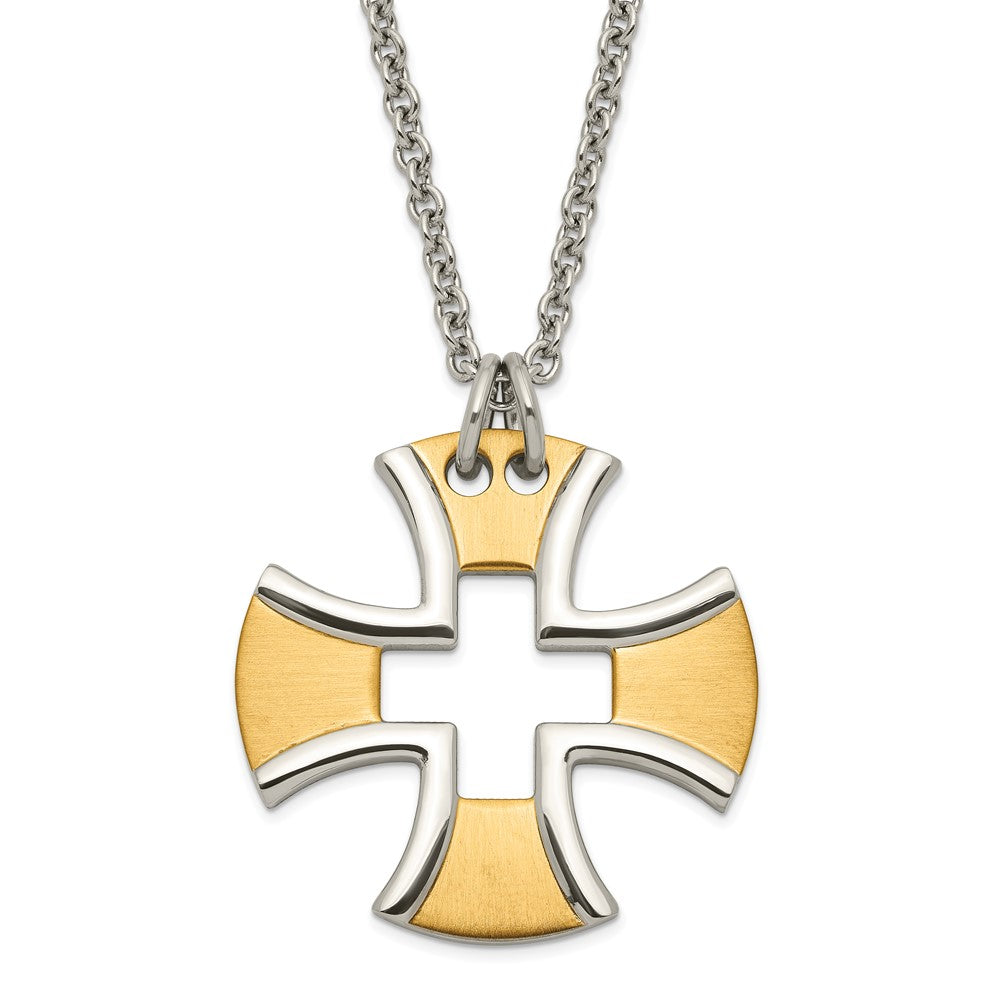 Stainless Steel & Yellow IP-plated Polished & Satin Cross Necklace, 18 mm