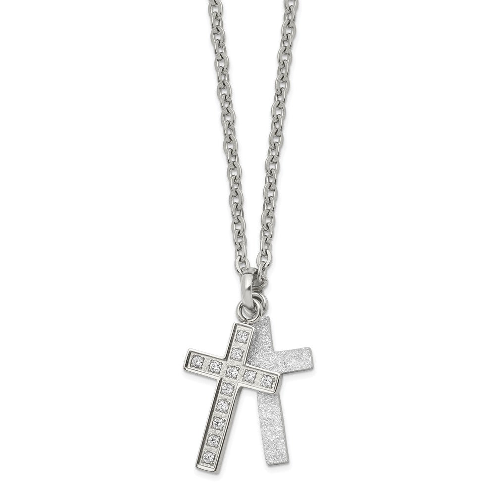 Stainless Steel Polished Laser Cut CZ 2 Piece Cross 20in Necklace, 20 mm