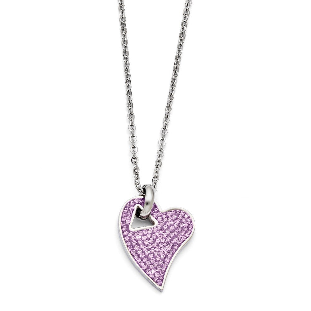 Stainless Steel Polished Light Purple Crystal Heart Pendant Necklace, 18 x 23 mm