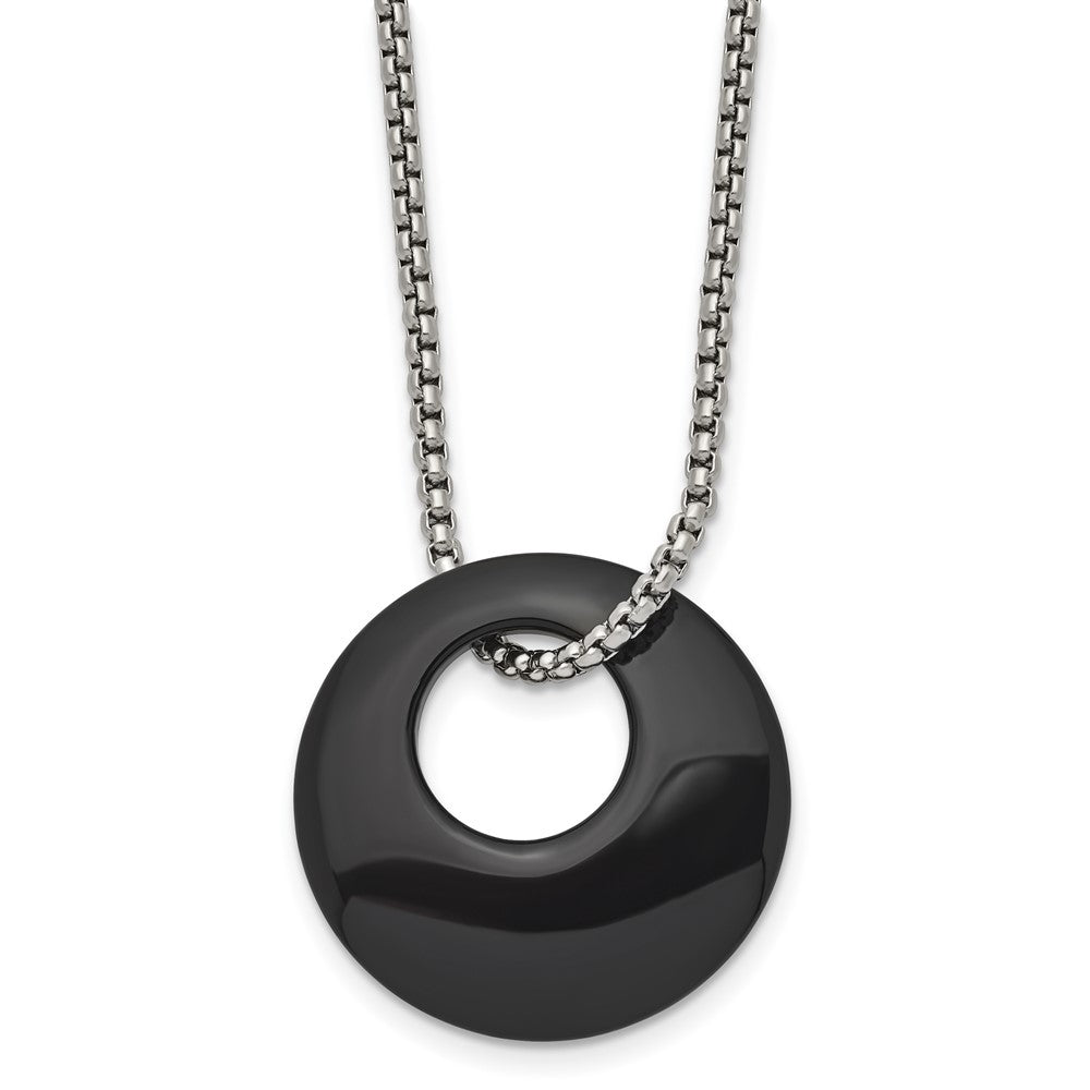 Chisel Stainless Steel Polished Black Onyx Circle Pendant on an 18 inch Box Chain Necklace, 18 x 30 mm
