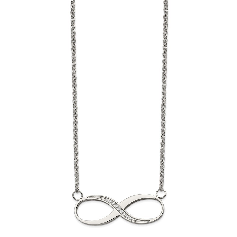 Chisel Stainless Steel Polished Infinity Symbol with CZ on a 20 inch Cable Chain Necklace, 20 x 34 mm
