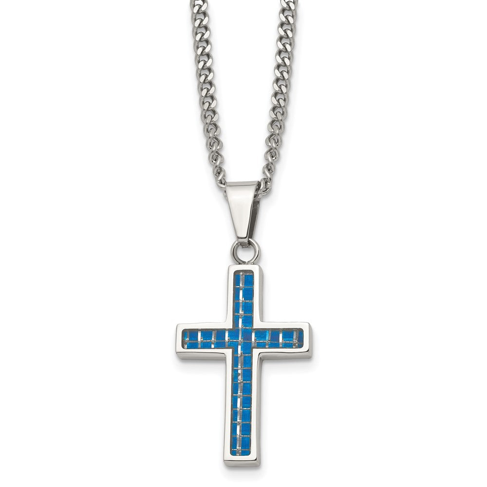 Chisel Stainless Steel Polished with Blue Carbon Fiber Inlay Cross Pendant on a 20 inch Curb Chain Necklace, 20 x 20 mm