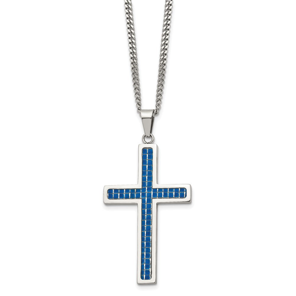 Chisel Stainless Steel Polished with Blue Carbon Fiber Inlay Cross Pendant on a 22 inch Curb Chain Necklace, 22 x 32 mm