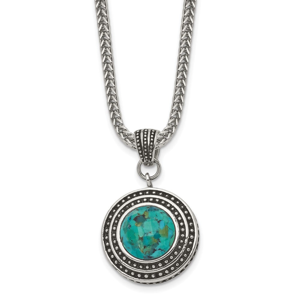 Stainless Steel Antiqued & Polished Imitation Turquoise w/2in ext Necklace, 18 mm
