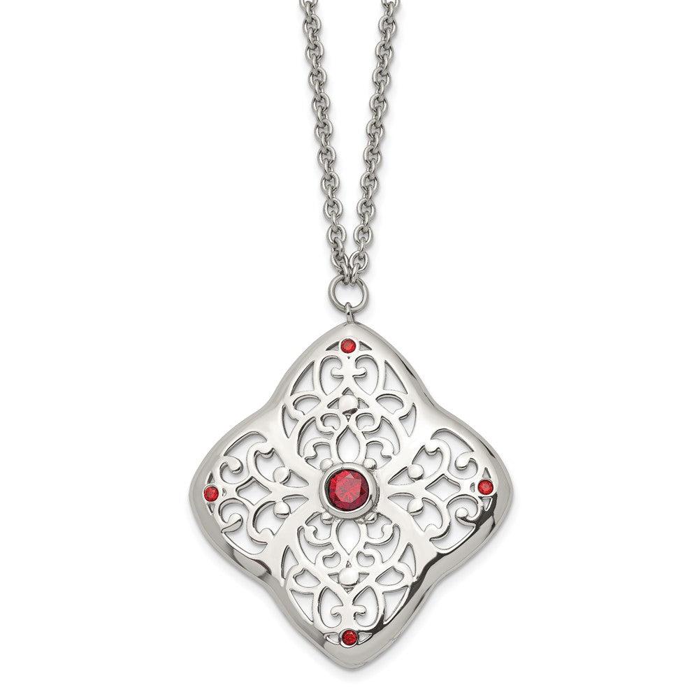 Stainless Steel Polished w/Red CZ Square 30in w/2in ext Necklace, 30 mm