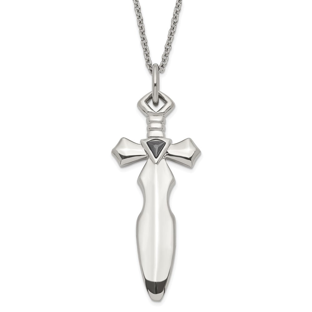 Stainless Steel Black CZ Sword Necklace, 20 mm