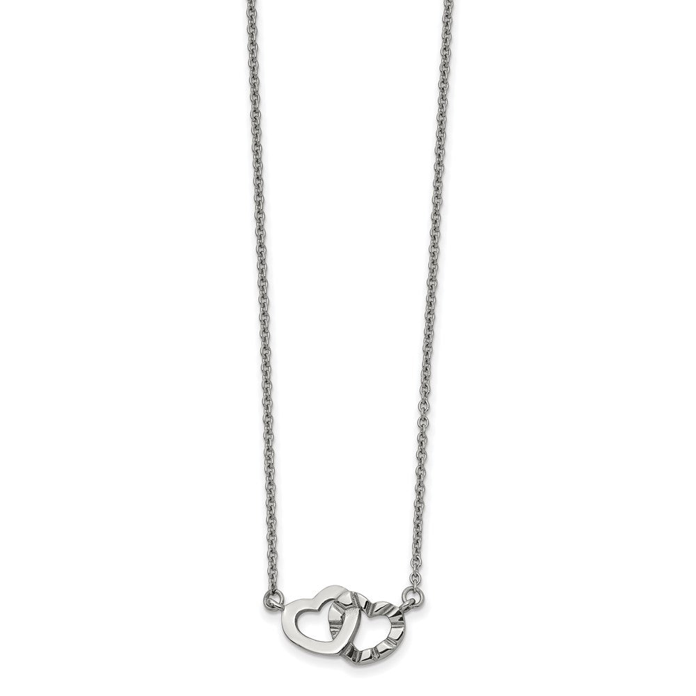 Chisel Stainless Steel Polished and Textured Interlocking Hearts on an 18 inch Cable Chain Necklace, 18 x 15 mm