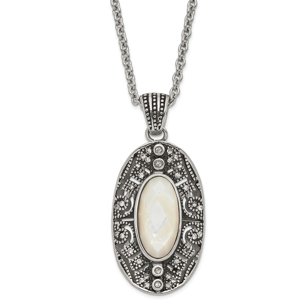 Stainless Steel Antiqued Mother of Pearl and Crystal Necklace, 20 mm