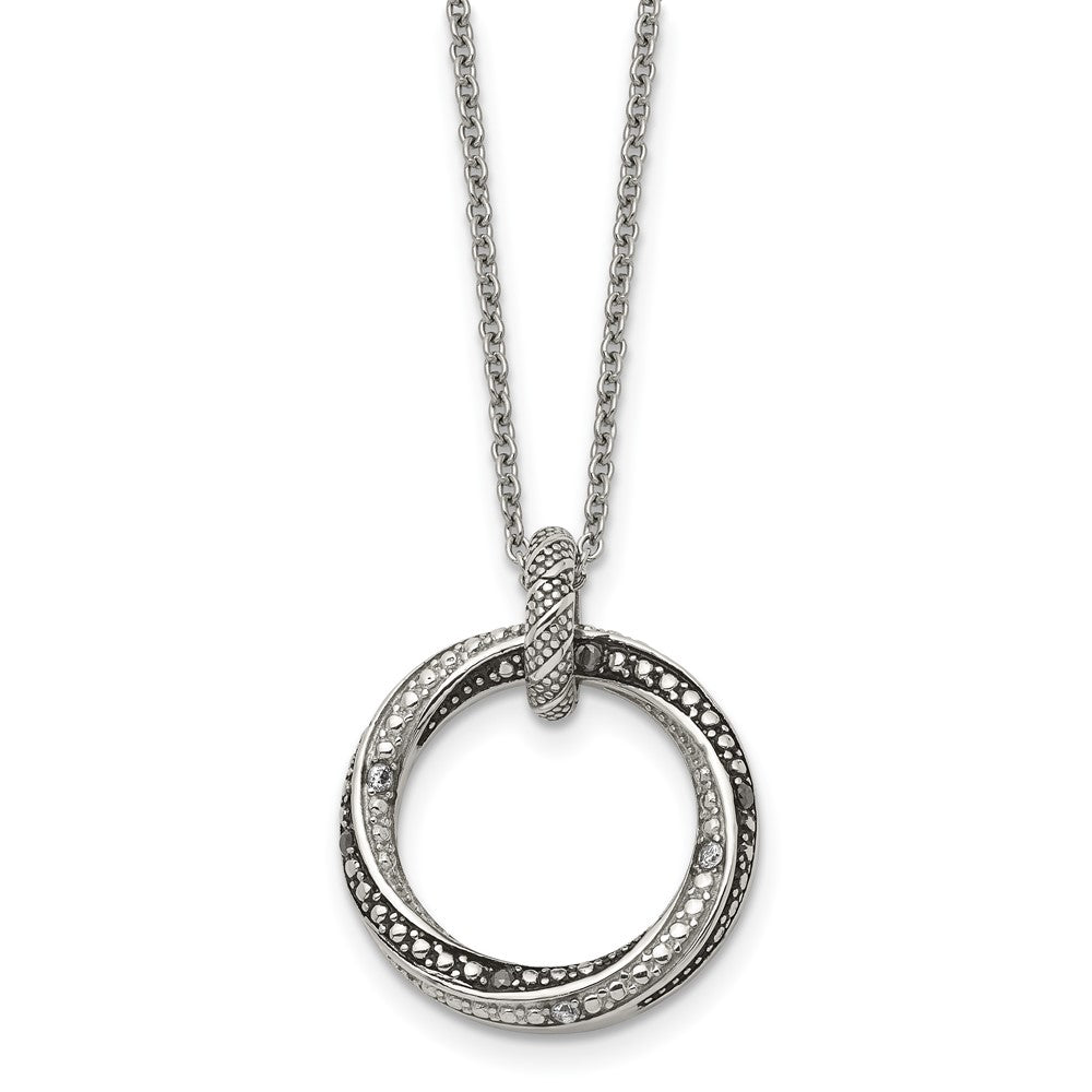 Stainless Steel Antiqued and Polished Black/Clear CZ Circle 18in Necklace, 18 mm