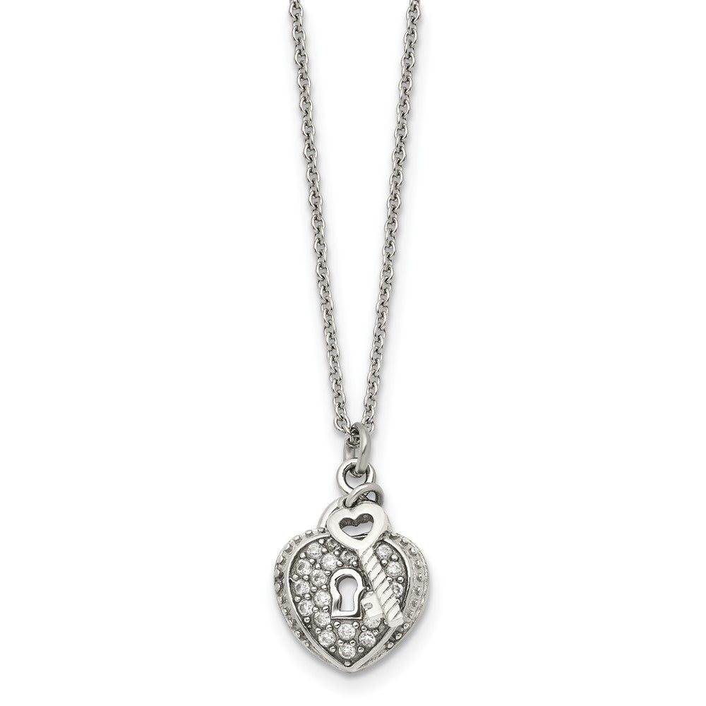 Chisel Stainless Steel Polished CZ Heart Lock and Key 2-Piece Moveable Pendant on an 18 inch Cable Chain Necklace, 18 x 14 mm