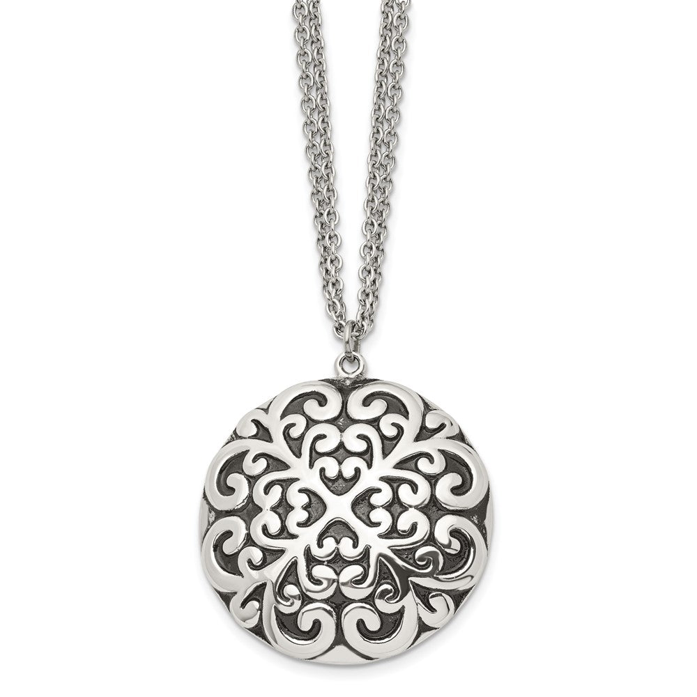 Chisel Stainless Steel Antiqued and Polished Circle Pendant on an 18 inch Multi-Strand Cable Chain Necklace, 18 x 41 mm