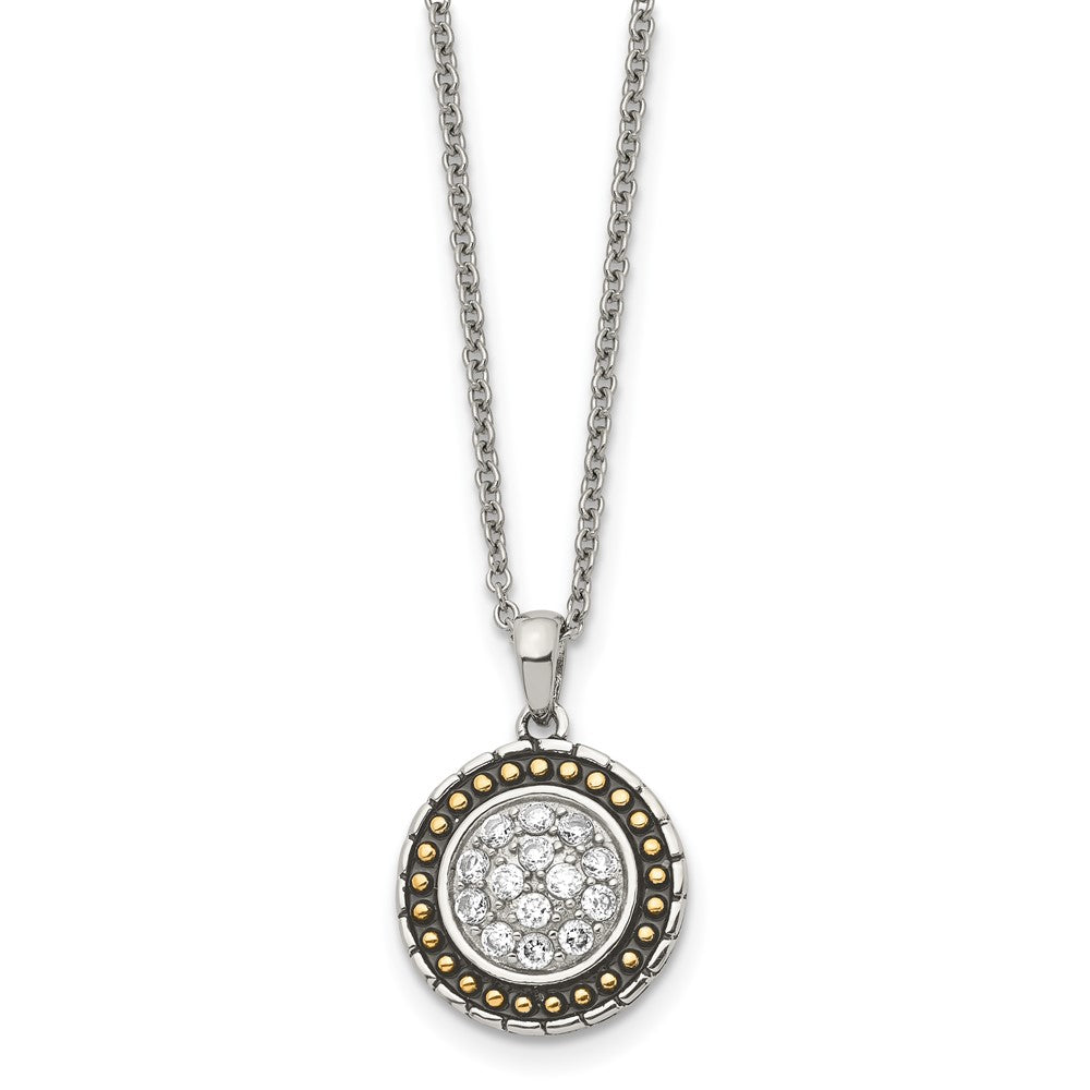 Chisel Stainless Steel Antiqued and Polished Yellow IP-plated with CZ Circle Pendant on an 18 inch Cable Chain Necklace, 18 x 18 mm