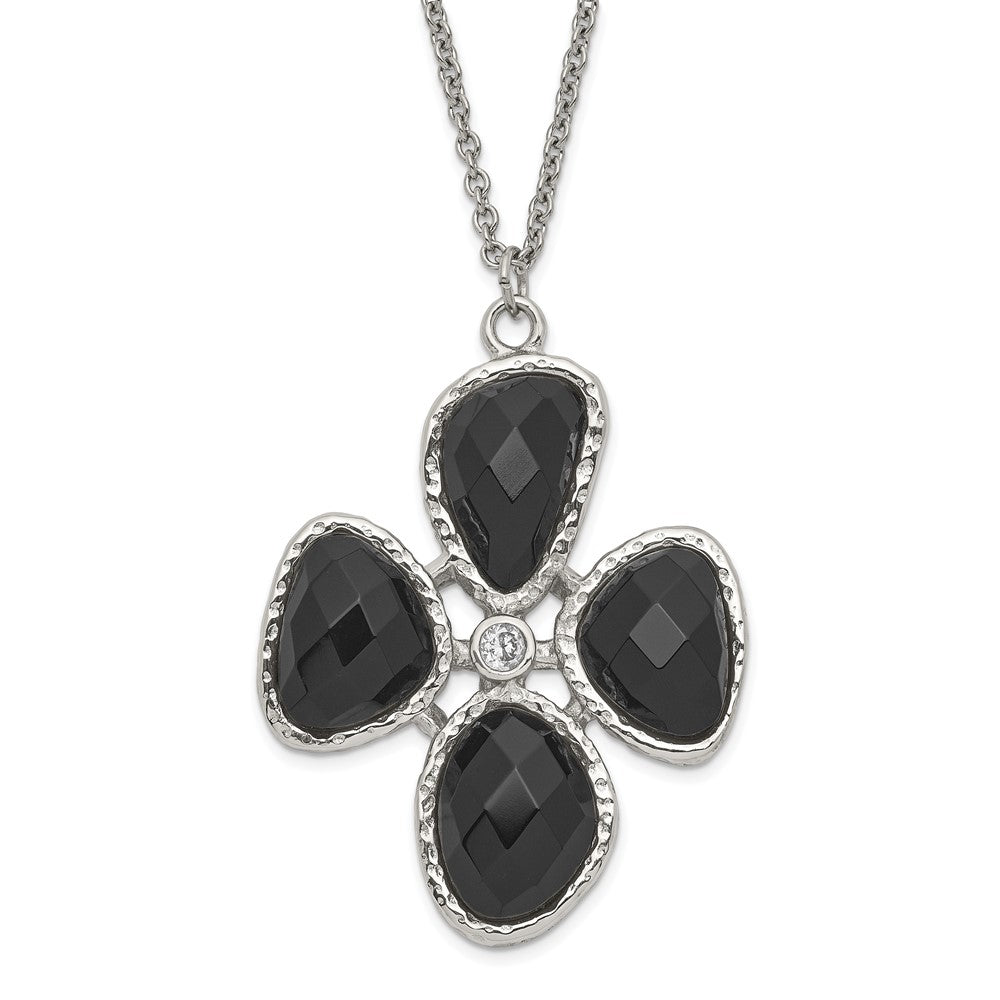 Stainless Steel Fancy CZ and Black Onyx Textured Necklace, 18 mm