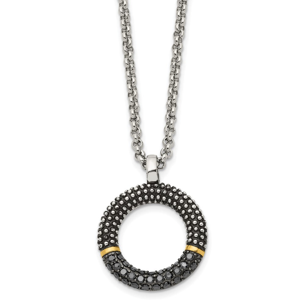 Stainless Steel Antiqued & Polished Yellow IP w/Black CZ 18in Necklace, 18 mm