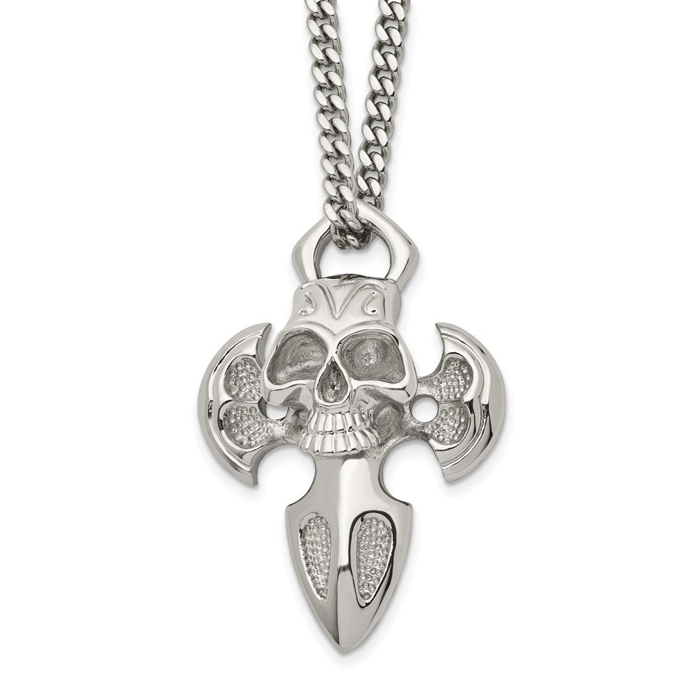 Chisel Stainless Steel Polished Cross with Skull Pendant on a 24 inch Curb Chain Necklace, 24 x 35 mm