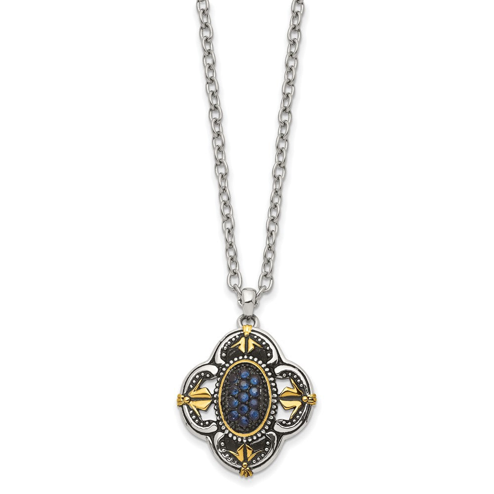 Stainless Steel Antiqued & Polished Yellow IP w/Blue Glass 18in Necklace, 18 mm