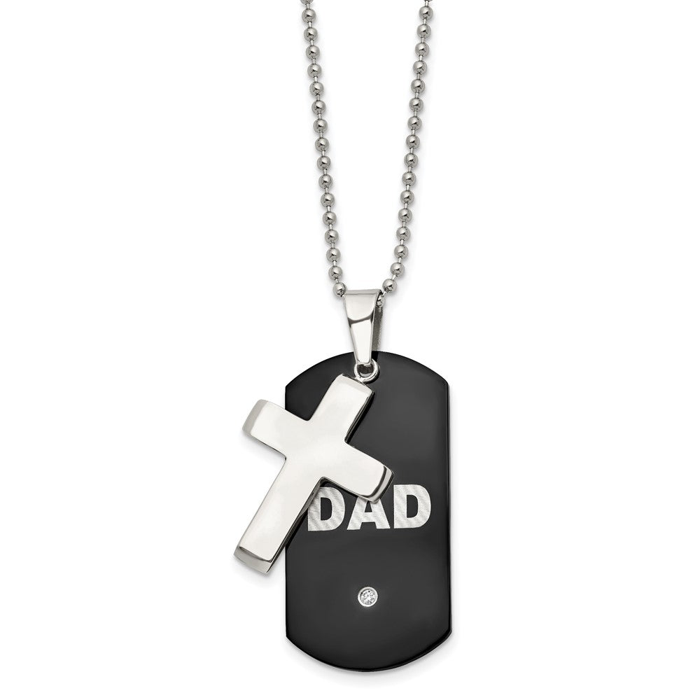 Chisel Stainless Steel Polished Black IP-plated with CZ DAD Dog Tag and Cross Pendant on a 22 inch Ball Chain Necklace, 22 x 23 mm