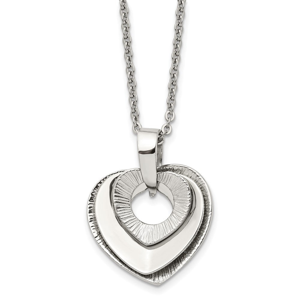 Chisel Stainless Steel Polished Three Piece Moveable Heart Pendant on a 20 inch Cable Chain Necklace, 20 x 30 mm
