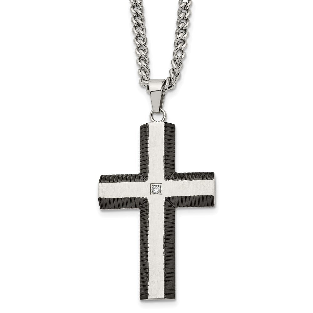 Chisel Stainless Steel Brushed and Polished Black IP-plated Edges with CZ Cross Pendant on a 22 inch Curb Chain Necklace, 22 x 33 mm