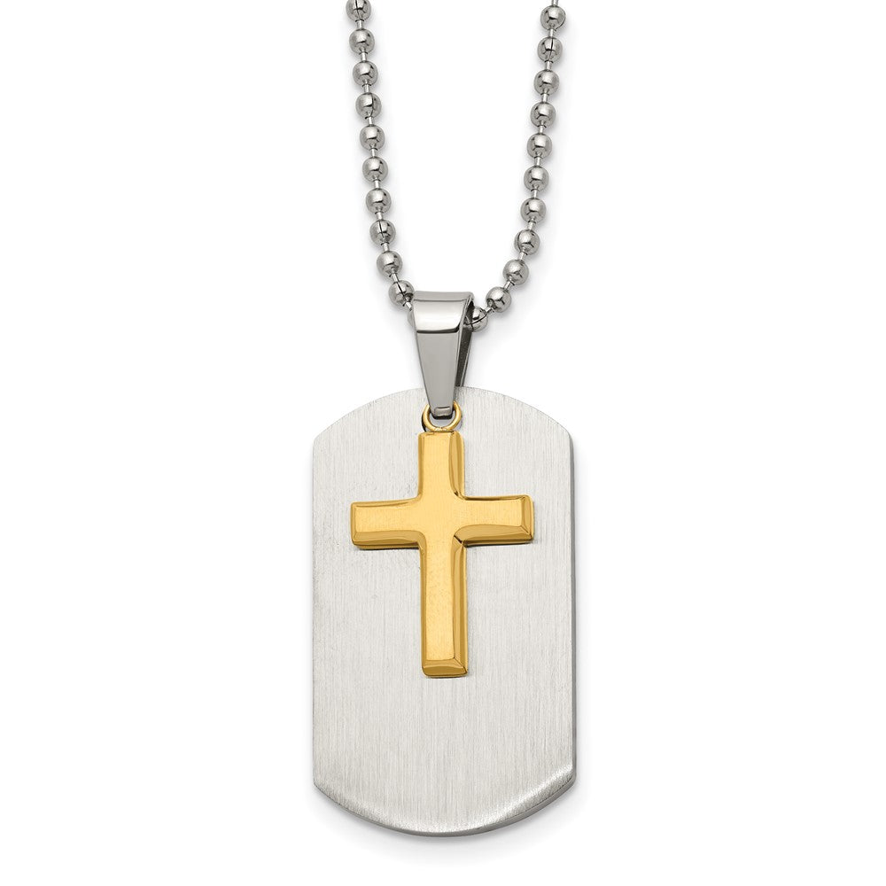 Chisel Stainless Steel Brushed and Polished Yellow IP-plated 2 Piece Cross Dog Tag on a 22 inch Ball Chain Necklace, 22 x 20 mm