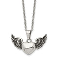 Chisel Stainless Steel Antiqued and Polished Heart with Wings Pendant on an 18 inch Cable Chain Necklace, 18 x 37 mm