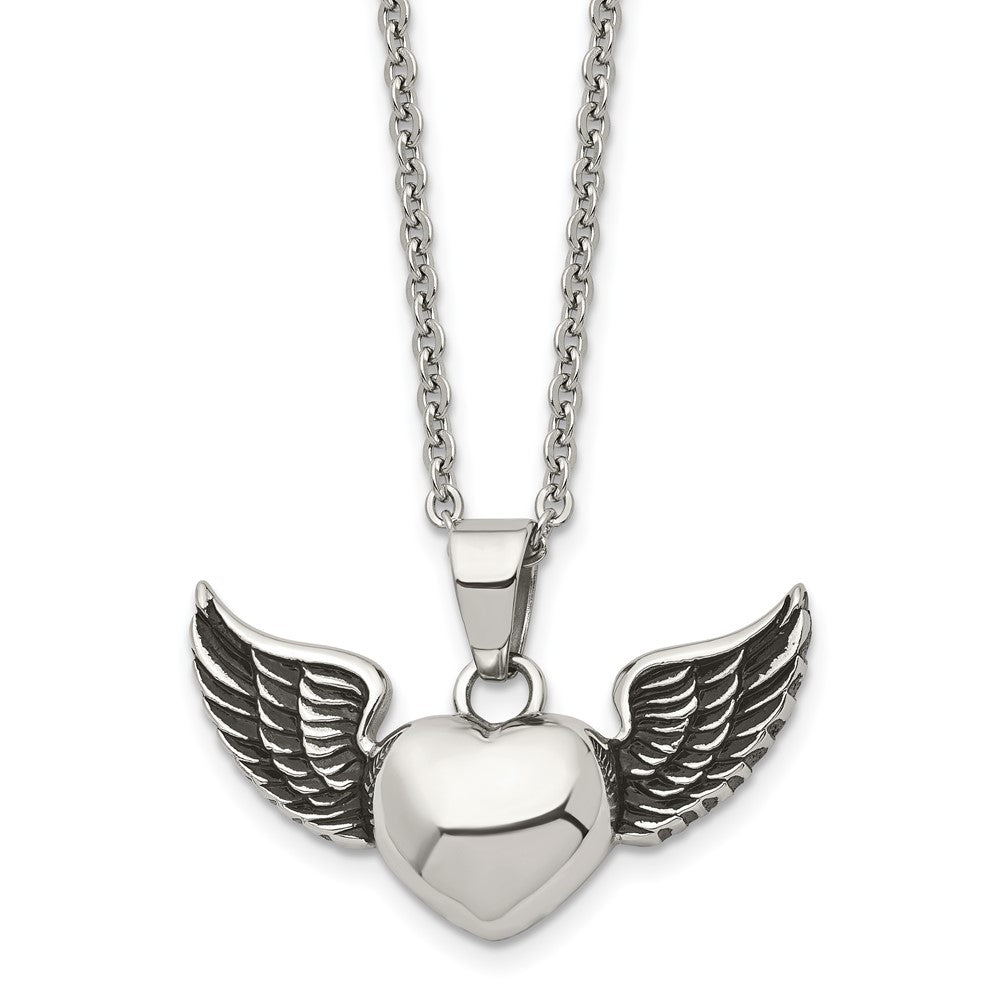 Chisel Stainless Steel Antiqued and Polished Heart with Wings Pendant on an 18 inch Cable Chain Necklace, 18 x 37 mm