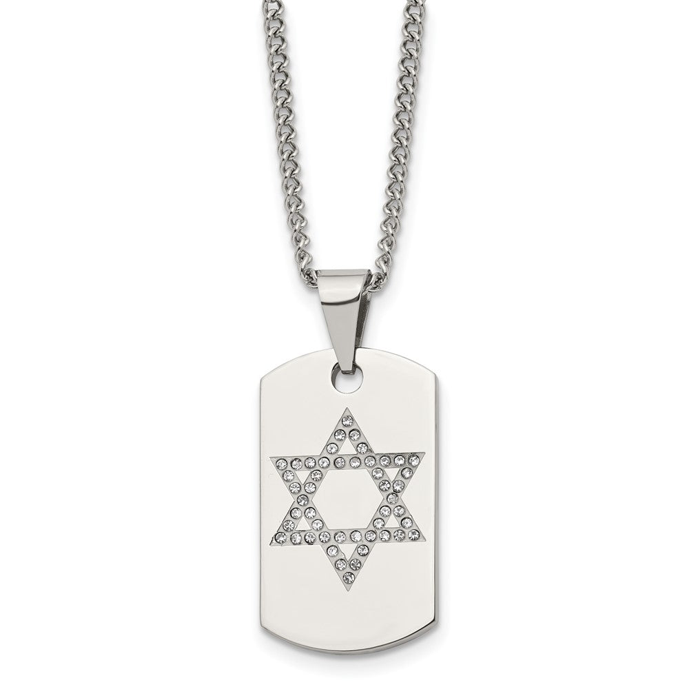 Chisel Stainless Steel Polished with CZ Star of David Dog Tag on a 22 inch Curb Chain Necklace, 22 x 17 mm