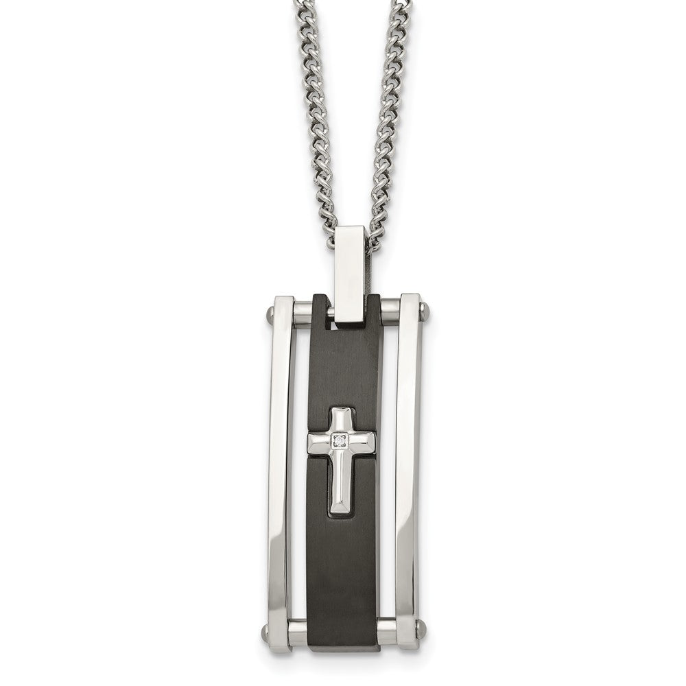 Chisel Stainless Steel Polished Black IP-plated with CZ Cross Pendant on a 22 inch Curb Chain Necklace, 22 x 15 mm