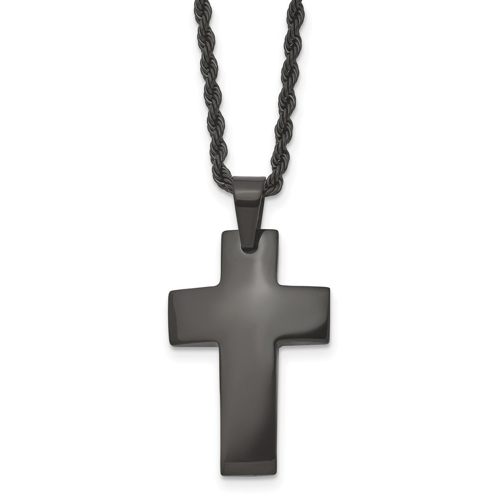 Chisel Stainless Steel Brushed Black IP-plated Cross Pendant on a 20 inch Rope Chain Necklace, 20 x 21 mm