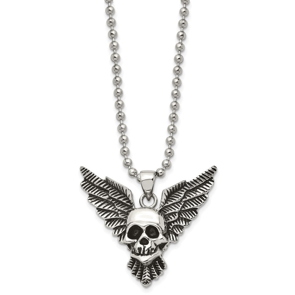 Chisel Stainless Steel Antiqued and Polished Skull with Wings Pendant on a 22 inch Ball Chain Necklace, 22 x 46 mm