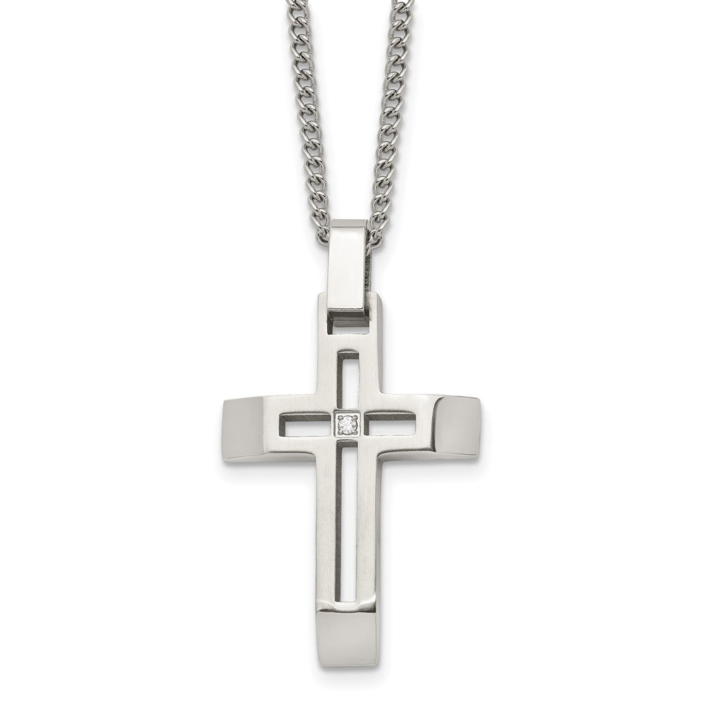 Chisel Stainless Steel Brushed and Polished with CZ Open Cross Pendant on a 22 inch Cable Chain Necklace, 22 x 24 mm
