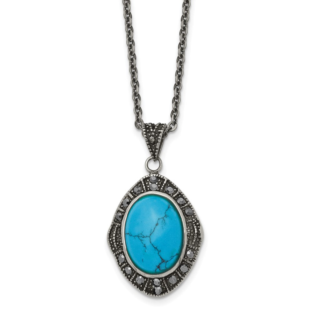 Stainless Steel Antiqued Simulated Turquoise Marcasite 18in Necklace, 18 mm, 5.2 g
