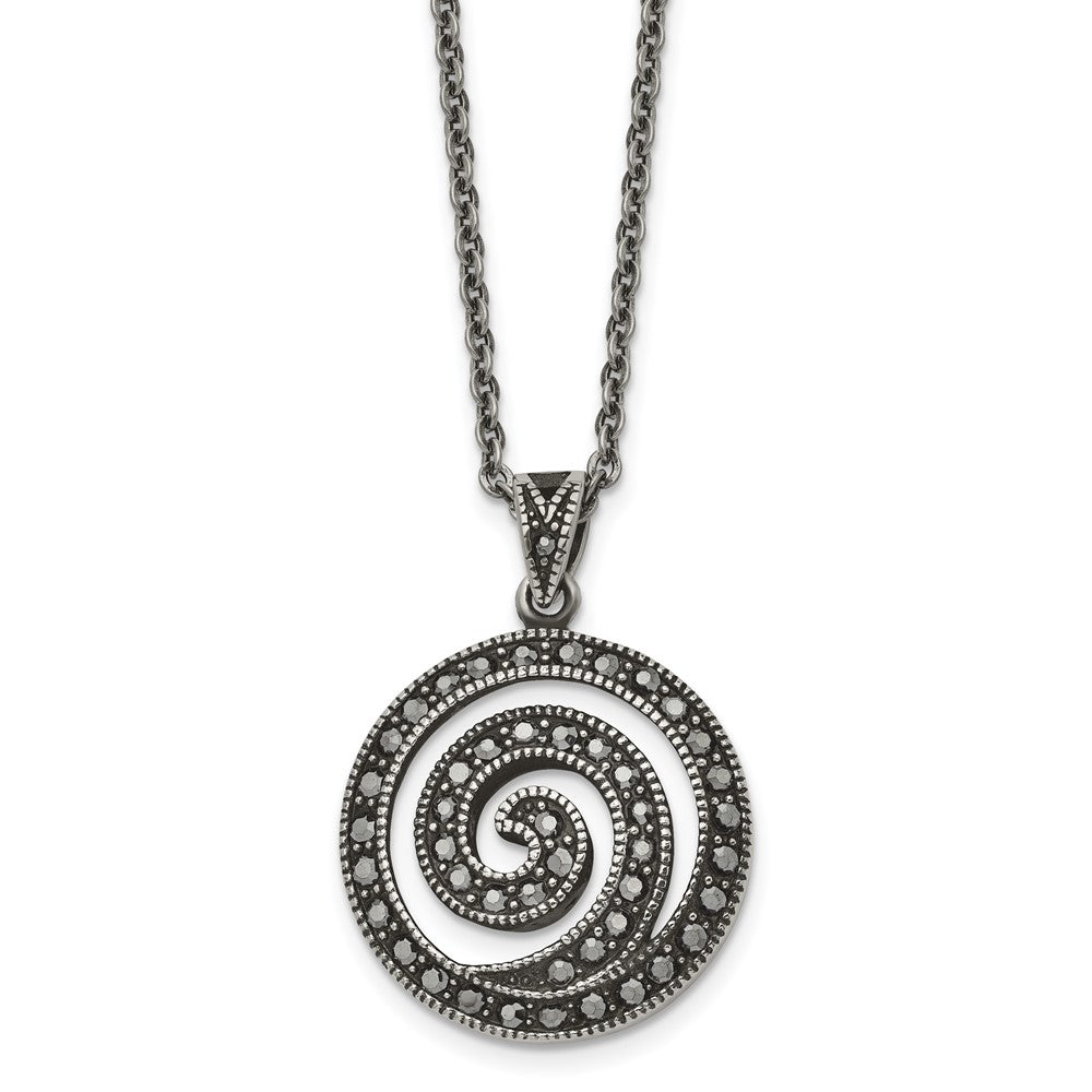 Chisel Stainless Steel Antiqued and Polished Marcasite Swirl Pendant on an 18 inch Cable Chain Necklace, 18 x 24 mm