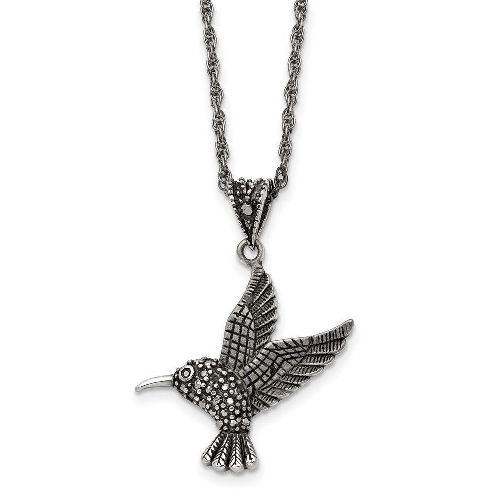Chisel Stainless Steel Antiqued and Polished with Marcasite Hummingbird Pendant on an 18 inch Singapore Chain Necklace, 18 x 28 mm