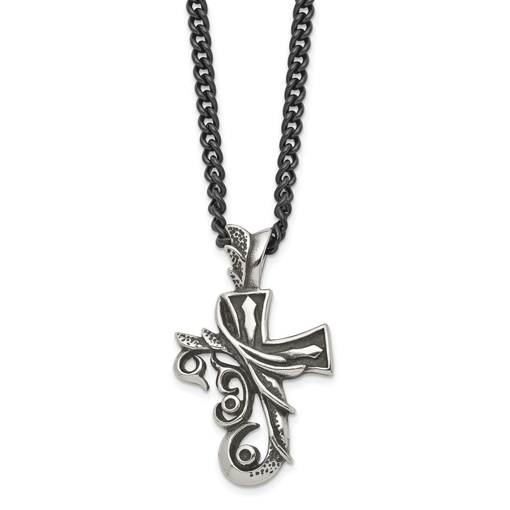 Chisel Stainless Steel Antiqued and Polished Fancy Cross Pendnat on a 20 inch Curb Chain Necklace, 20 x 29 mm