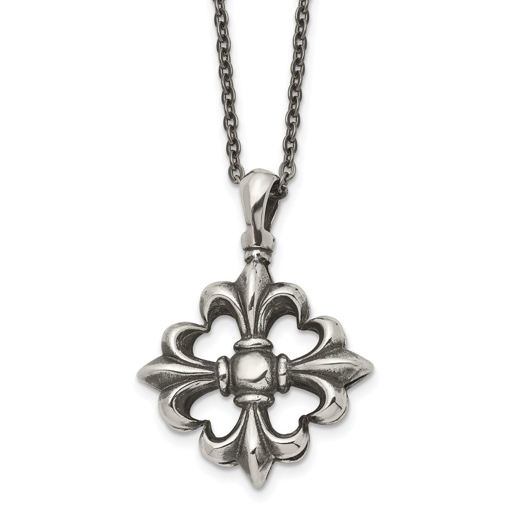 Stainless Steel Antiqued and Polished Fleur de lis 18in Necklace, 18 mm, 11.5 g