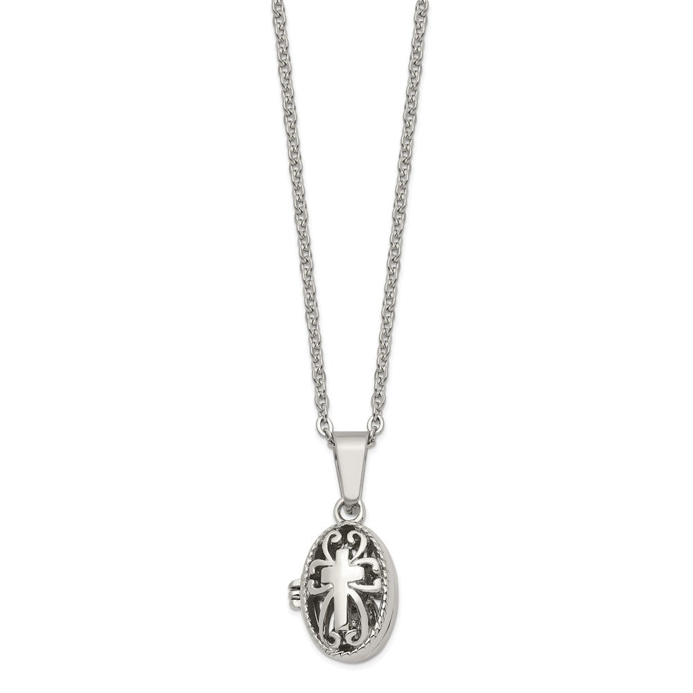 Chisel Stainless Steel Polished and Antiqued Oval Magnetic Prayer Box on an 18 inch Cable Chain Necklace, 18 x 14 mm