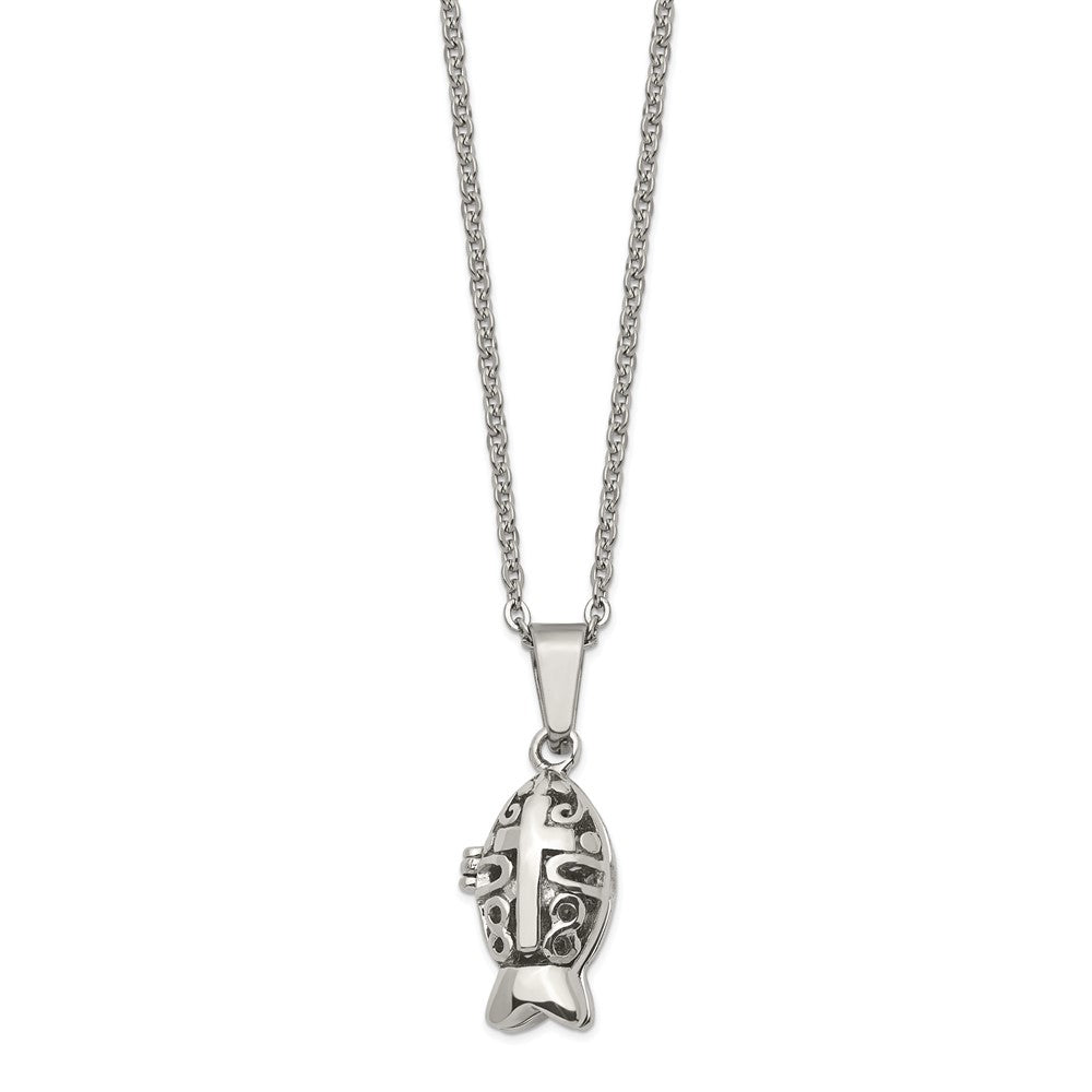 Chisel Stainless Steel Polished and Antiqued Magnetic Fish Prayer Box on an 18 inch Cable Chain Necklace, 18 x 13 mm