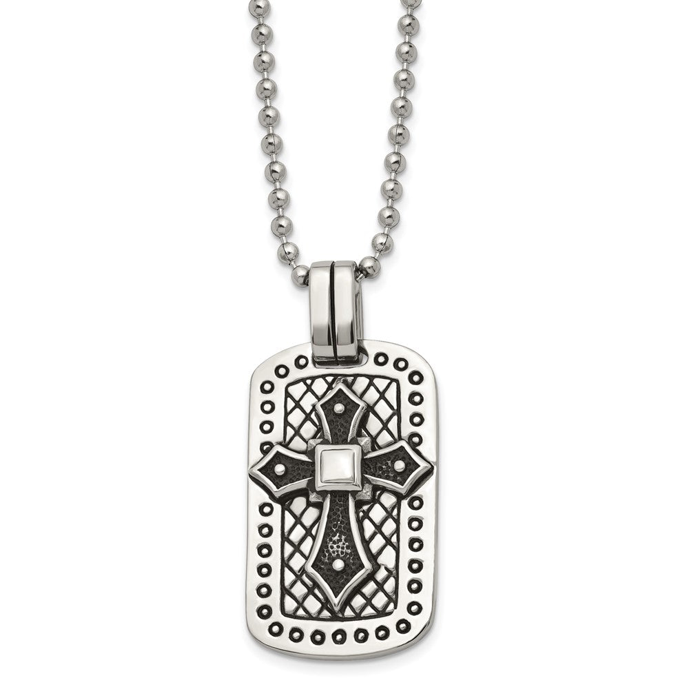 Stainless Steel Antiqued and Polished Cross Dog Tag 22in Necklace, 22 mm